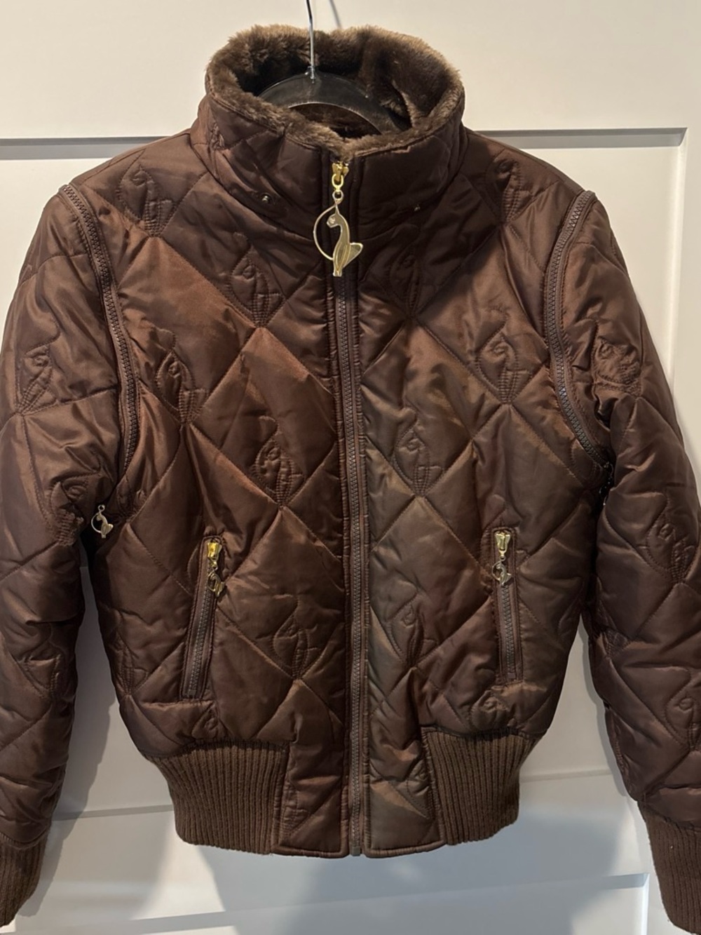 Baby Phat Brown Quilted Puffer Jacket with Faux Fur Collar